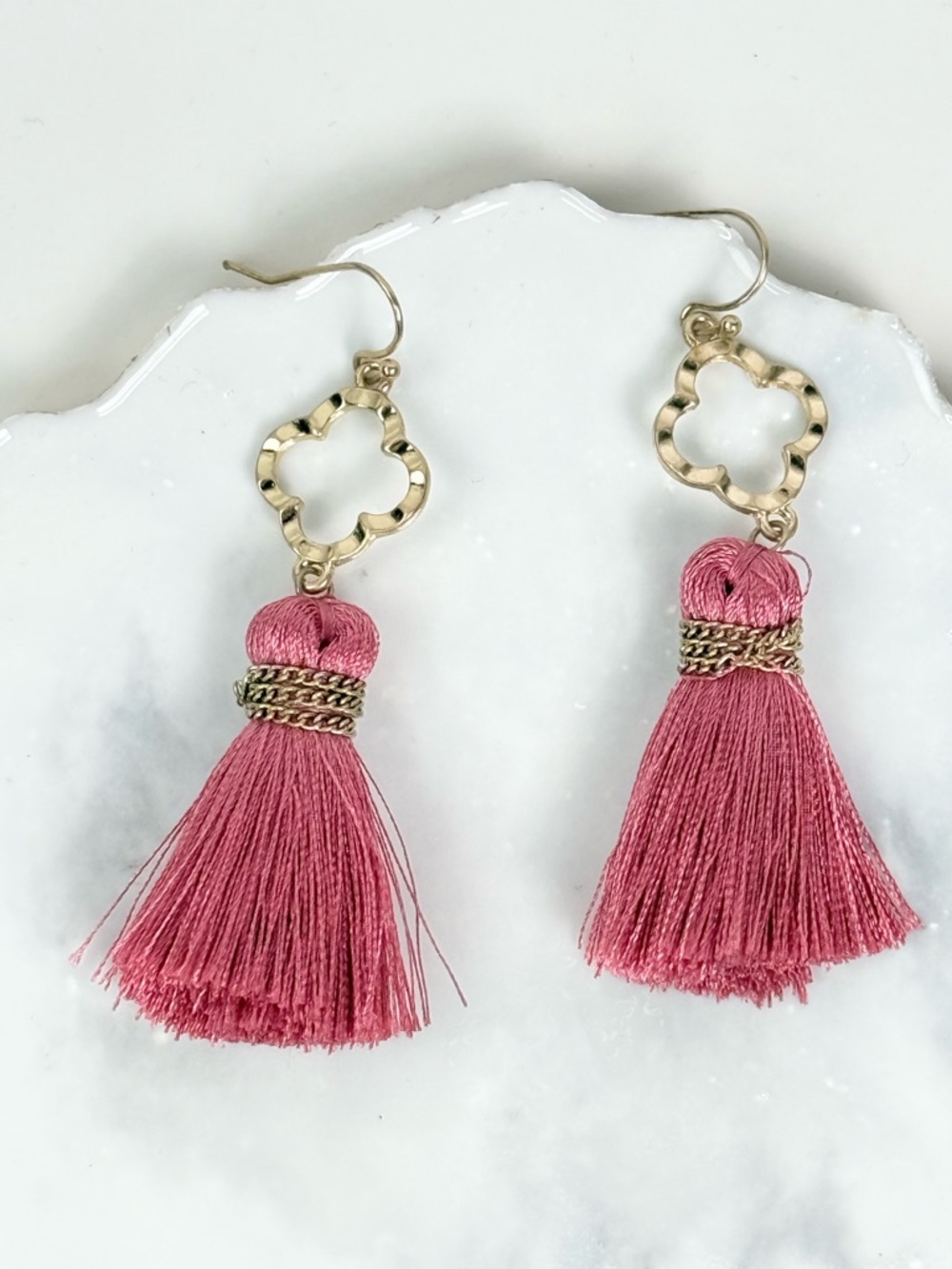 Pink Tassel Clover Drop Earrings Gold Tone Boutique Statement Fashion Earrings